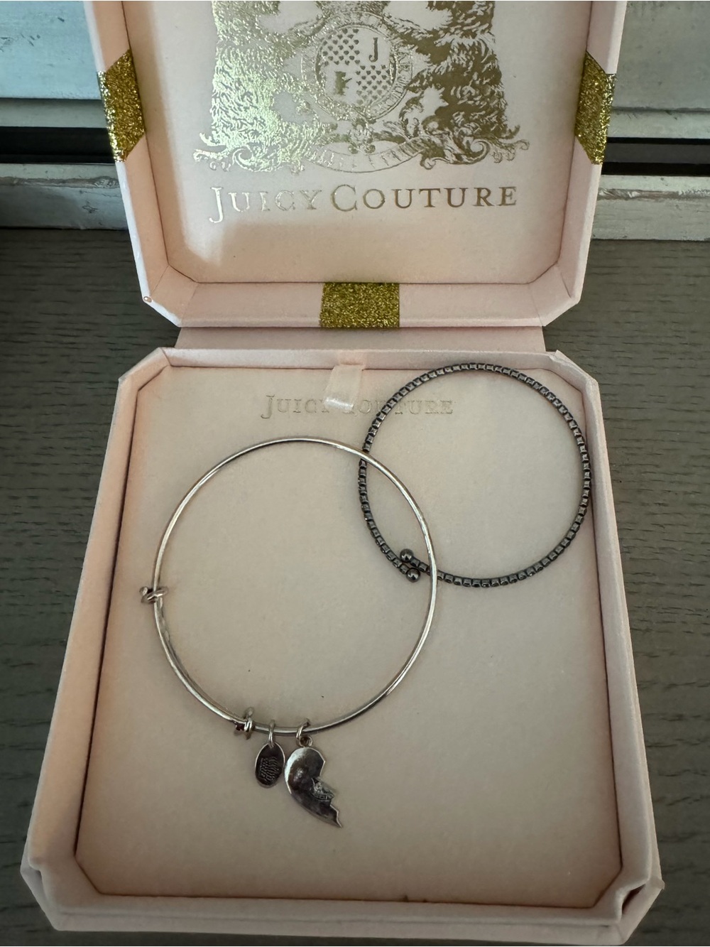 Juicy Couture Silver Charm and Textured Bangle Bracelet Set